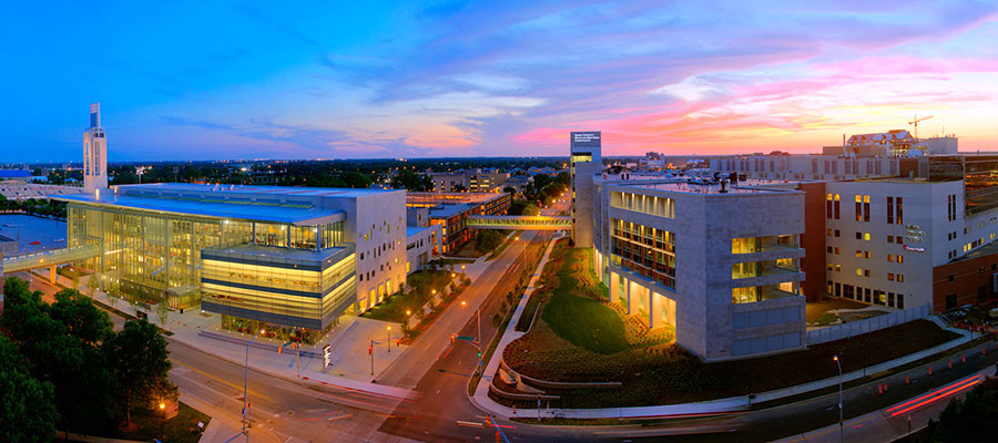 The IU Indianapolis skyline at dusk